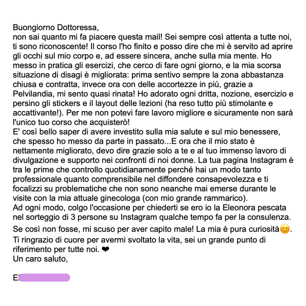 Messaggio di una partecipante che ha completato Pelvilandia: racconta la sua esperienza personale con le lezioni e la pratica.