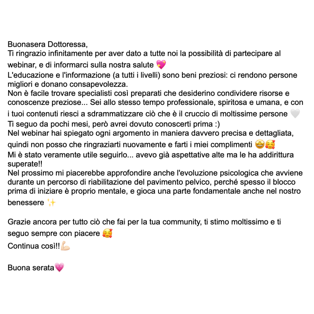 Messaggio dopo un webinar di Silvana: la partecipante ringrazia per la precisione delle spiegazioni, la professionalità e l’umanità.