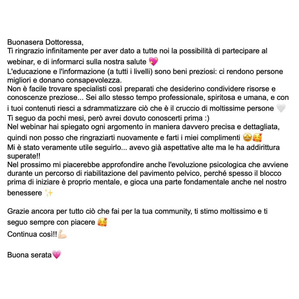 Messaggio dopo un webinar di Silvana: la partecipante ringrazia per la precisione delle spiegazioni, la professionalità e l’umanità.